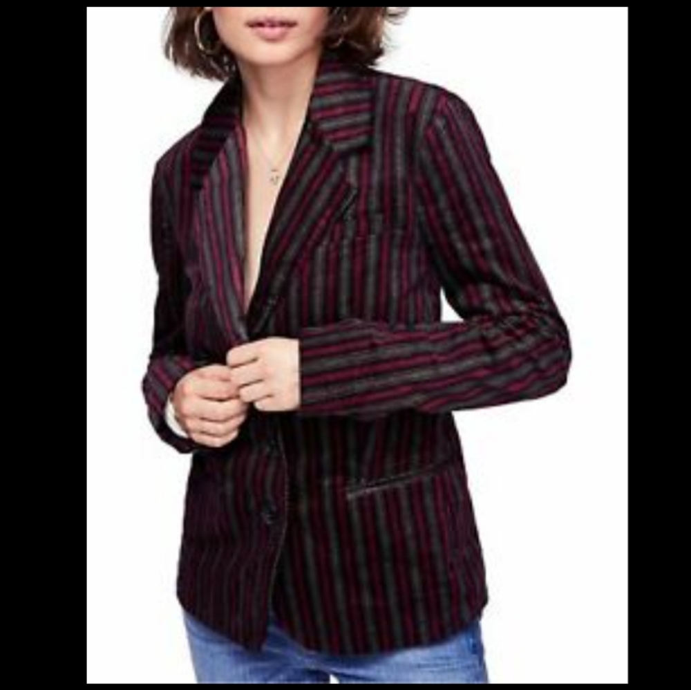 Free People Red Luxe Velvet Velour B Line Combo Striped Blazer Coat Jacket